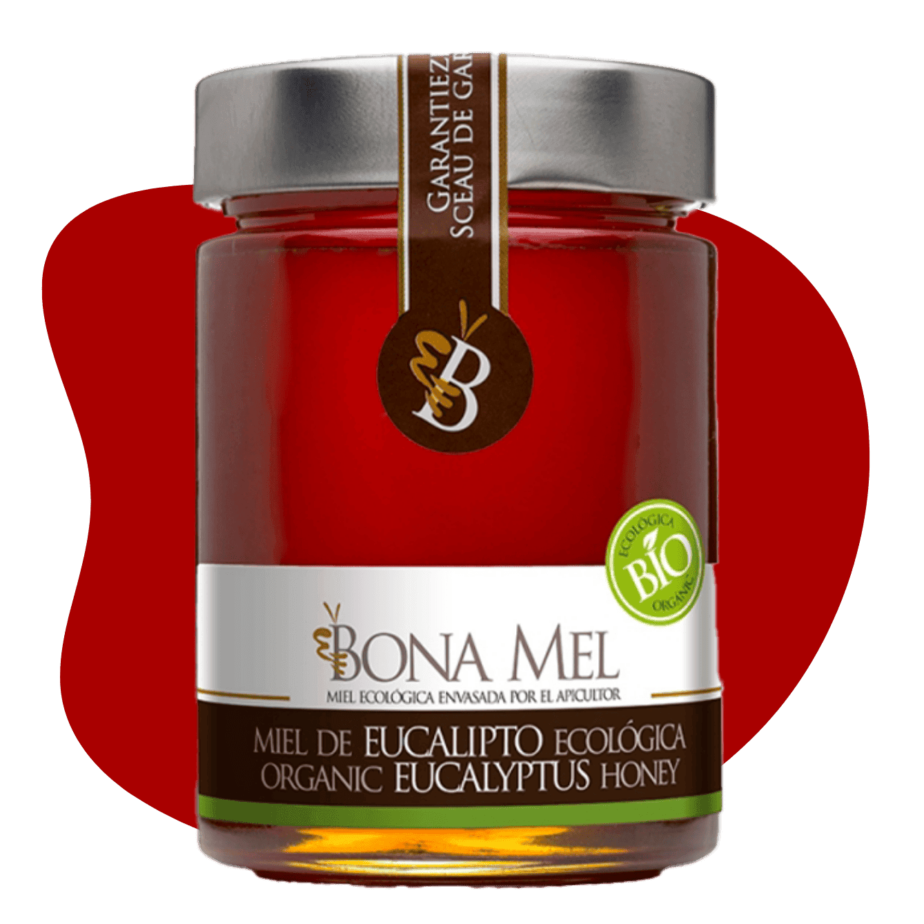 Tarro de Miel de Eucalipto Ecológica: miel natural de color medio claro con reflejos dorados y rojizos. Producto ecológico, textura fluida y aroma fresco con notas a madera y vainilla