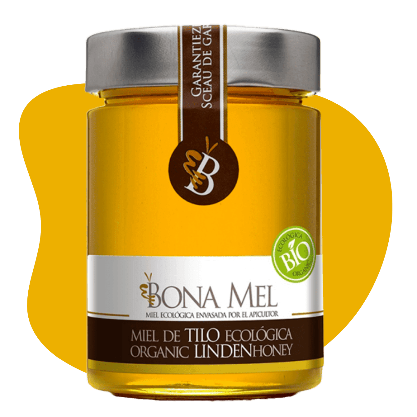Tarro de Miel de Tilo Ecológica con etiqueta bio, color claro y textura cristalizada. Refleja la serenidad y pureza de los bosques de tilos en cada detalle