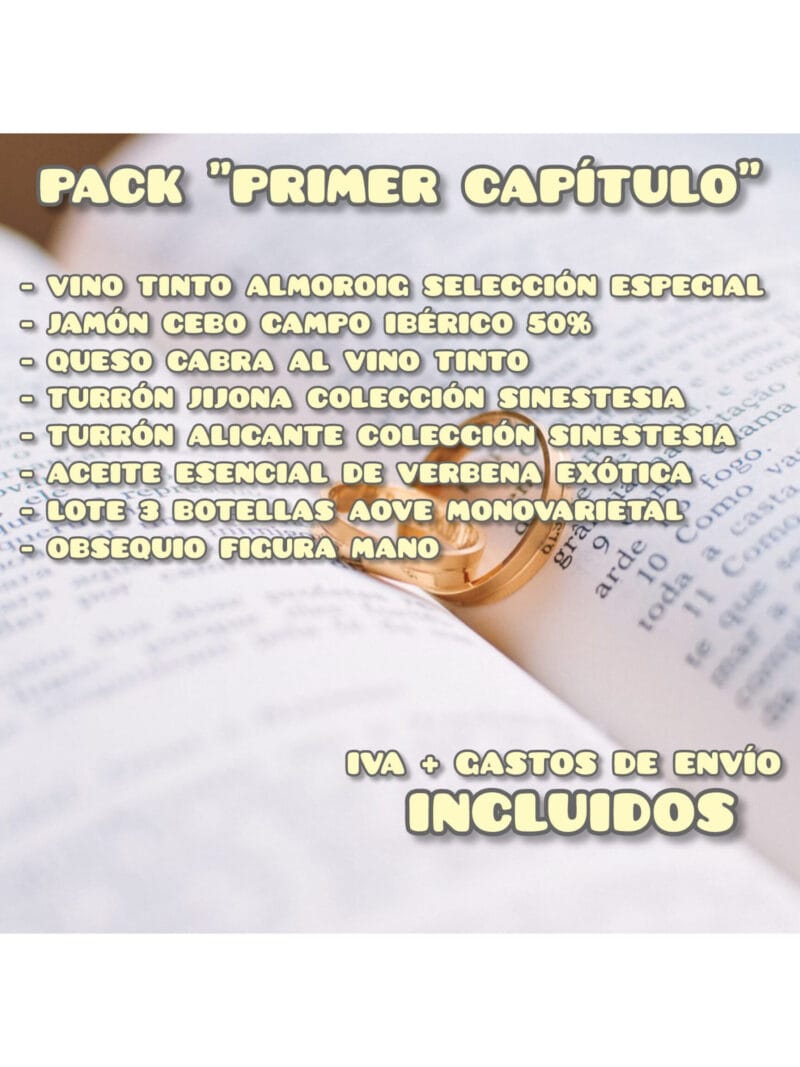 Pack gourmet "Primer Capítulo" con vino tinto Almoroig, jamón ibérico, queso de cabra al vino tinto, turrón, aceite de oliva virgen extra y esencia de verbena exótica. Ideal para regalar o celebrar momentos especiales