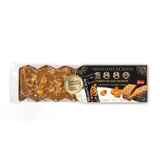 Turrón de Chocolate con Maíz Crujiente Mistercorn 1880, tableta gourmet de chocolate con leche y maíz frito sabor barbacoa