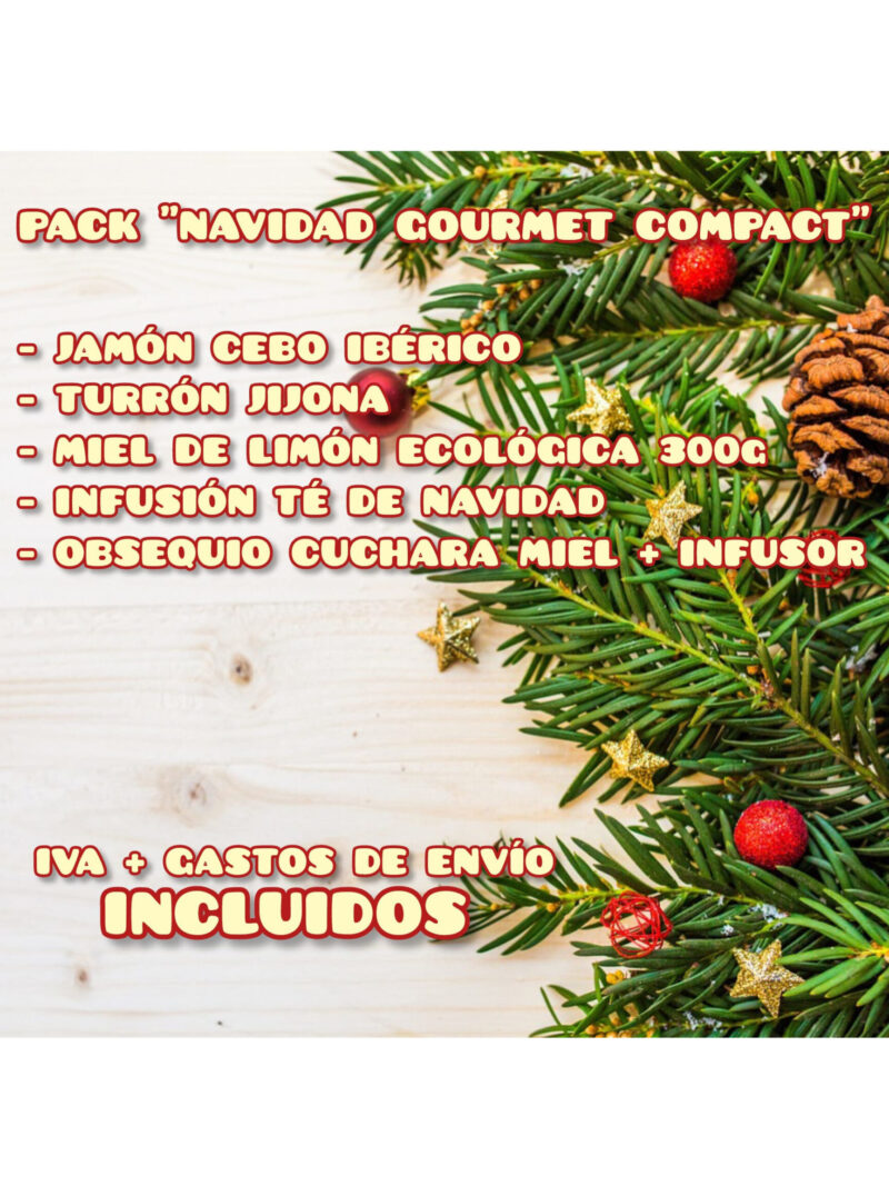 Lista de productos del Pack Navidad Gourmet Compact sobre fondo navideño. Incluye Turrón Jijona 250 g, Miel Limón Ecológica, Jamón de Cebo Ibérico, Infusión Té de Navidad Eco-Bio y una Cuchara de Madera para Miel.