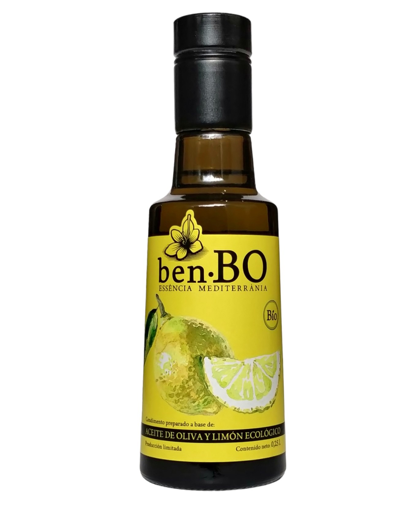 Botella de cristal de 250 ml de aceite ecológico con limón