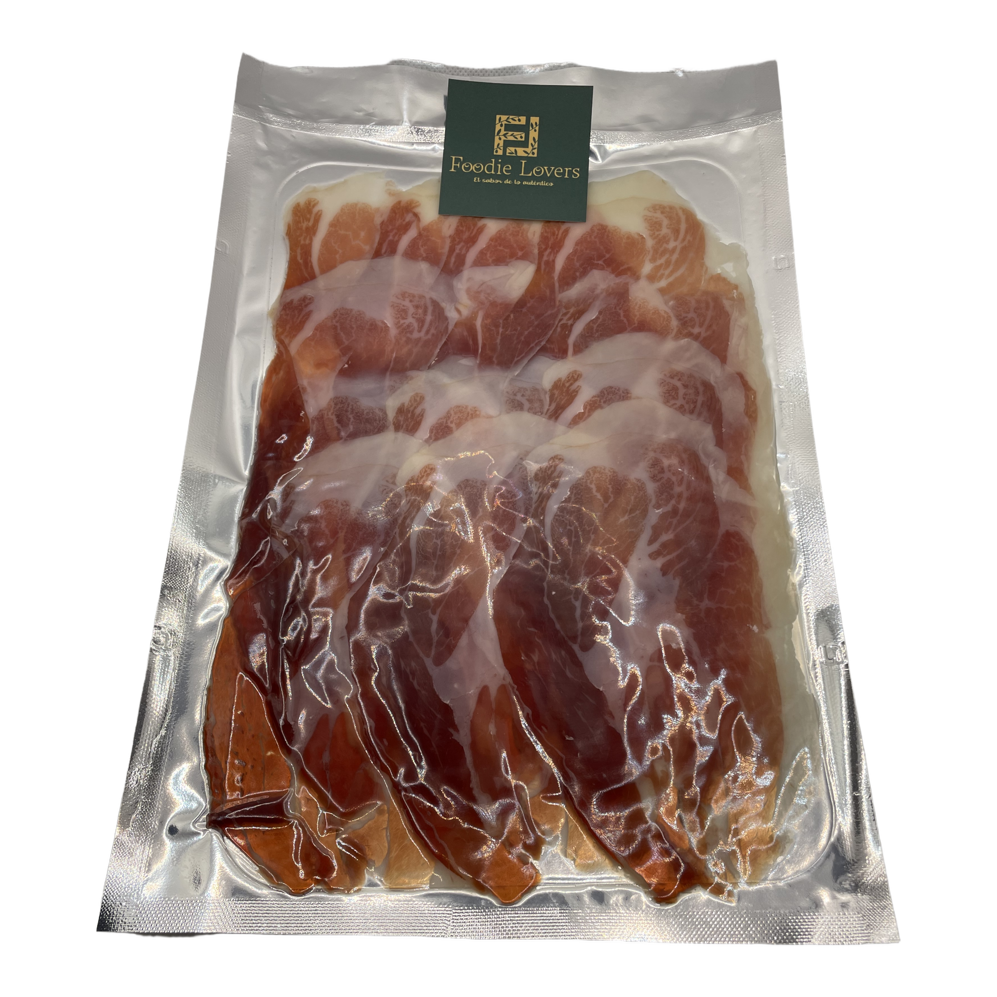 Iberian Ham 50% Cebo de Campo Sliced - Thin Cut and Natural Shining Slices of Iberian ham 50% cebo de campo with white veins and natural shine