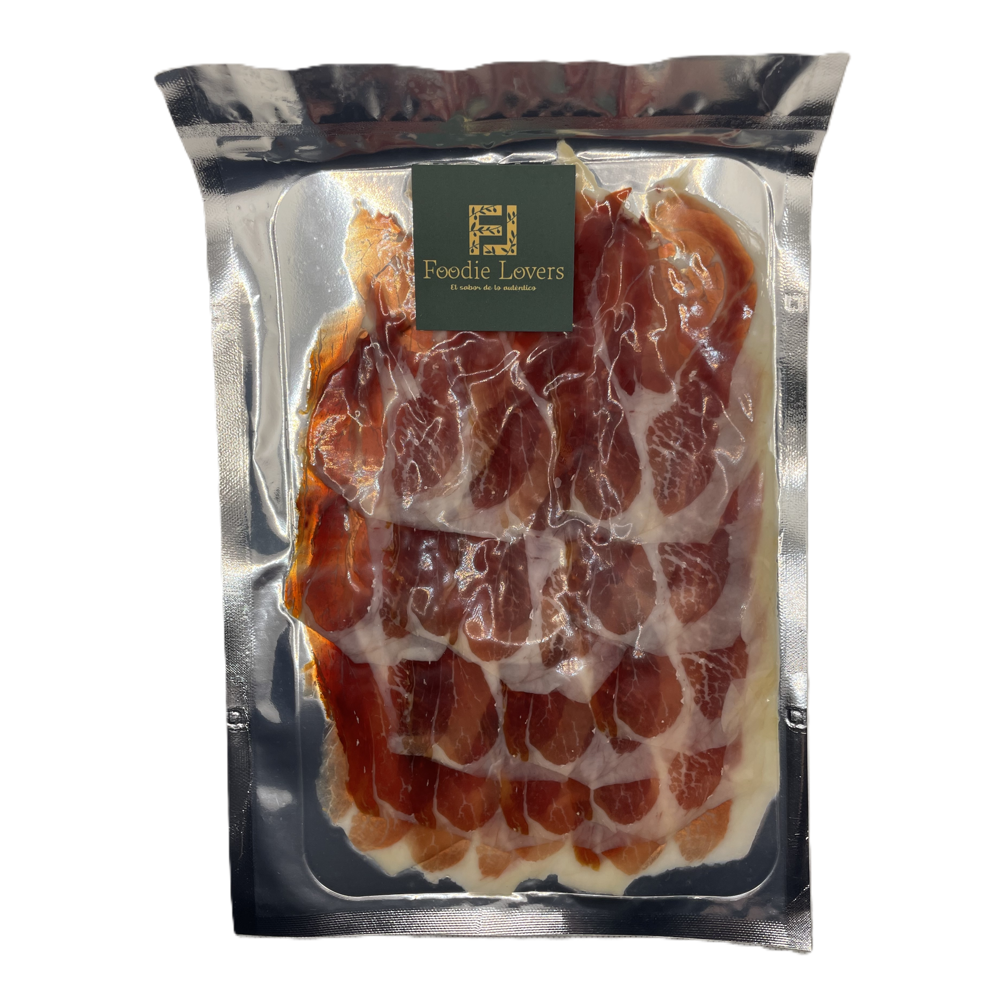 Lonchas finas de jamón ibérico de cebo premium, con vetas de grasa blanca, textura jugosa y color rojo intenso
