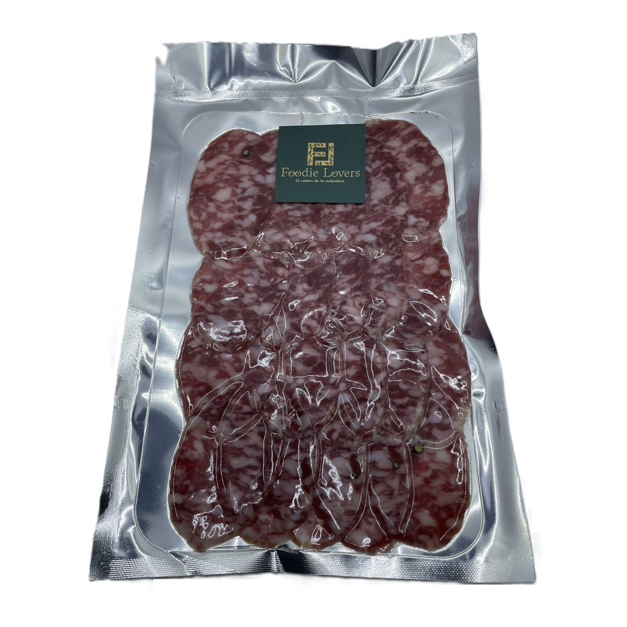 Lonchas finas de salchichón ibérico de bellota, con color rosado intenso, vetas delicadas y textura firme