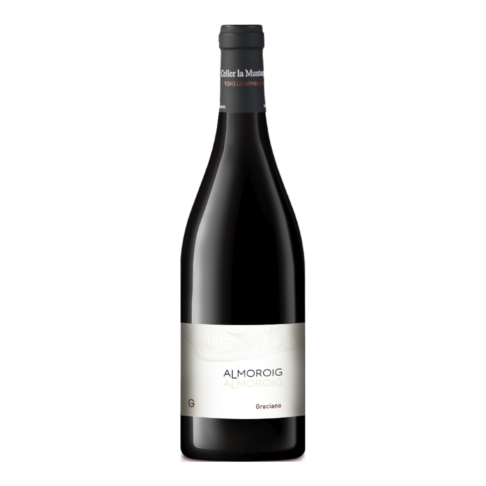 Botella de Graciano Almoroig, vino tinto elaborado con Graciano 100% y crianza sobre lías en roble francés y tino