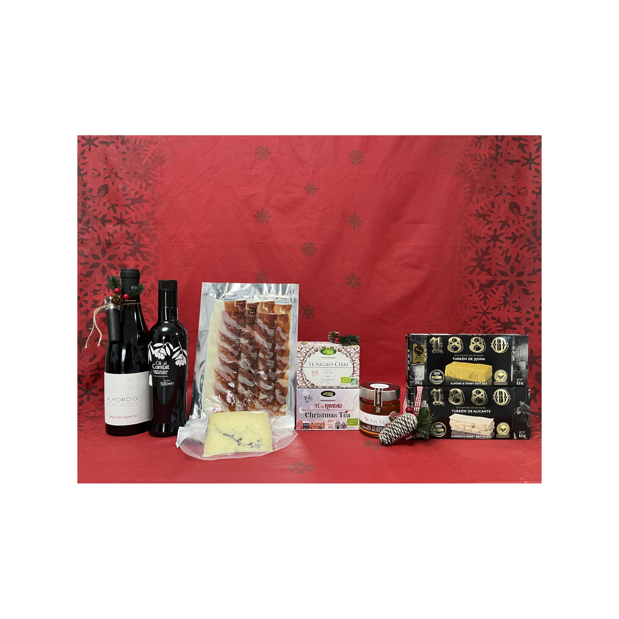 Pack Navidad Gourmet Select con vino Almoroig, jamón ibérico, queso con trufa, turrones 1880, infusiones ecológicas y miel de azahar